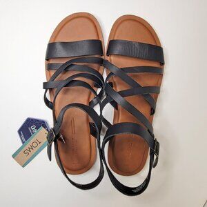 NEW TOMS Women's Sephina Crisscross Strap Flat Black Sandals 9.5